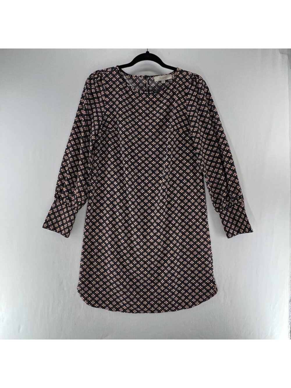 LOFT Floral Geometric Shift Dress Womens XS Long Sleeve Keyhole Mini Navy Pink